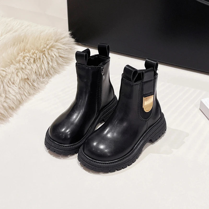 Children Leather Boots Round Toes Versatile Kids Short Boots Korean Style 2025 Autumn New Girls Ankle Boots Soft Bottom Non-slip