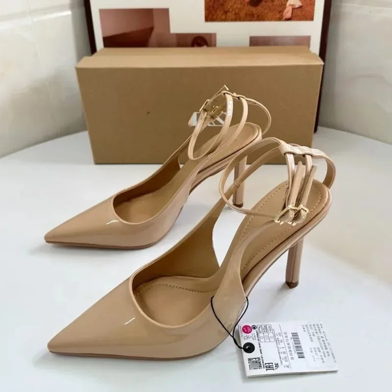 Nude Patent Leather Ankle Strap Buckle Women Pumps Sexy Pointed Toe Stiletto Heels Summer Stiletto Heels Party Shoes Sandalias heels_stiletto