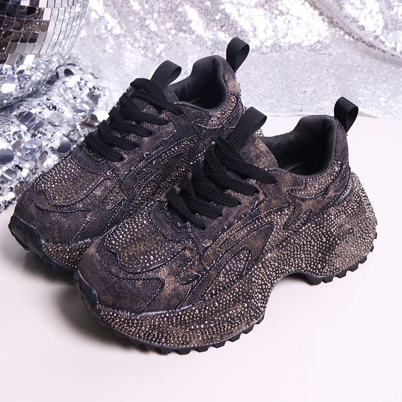 Luxury Rhinestone Chunky Sneakers for Women Fashion Purple Denim Platform Sports Shoes Woman Non Slip Thick Sole Vulcanize Shoes sneakers_platform