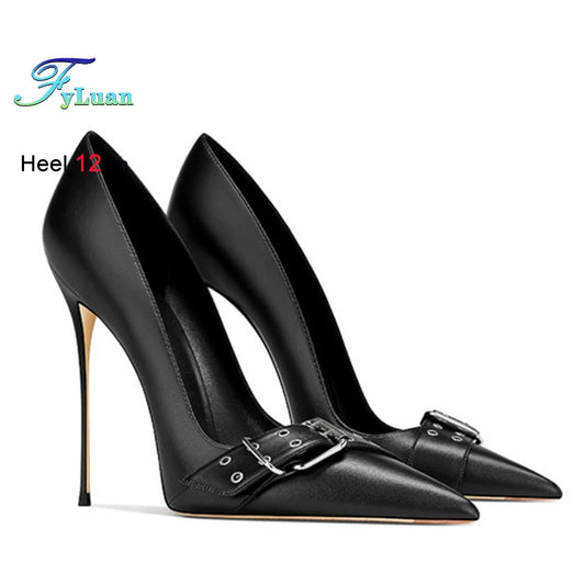 12CM Stiletto Women Pointed Party Shoes Fashion Women Buckle Strap Designer Shallow Elegant Office Pumps Matte Black High Heels heels_stiletto