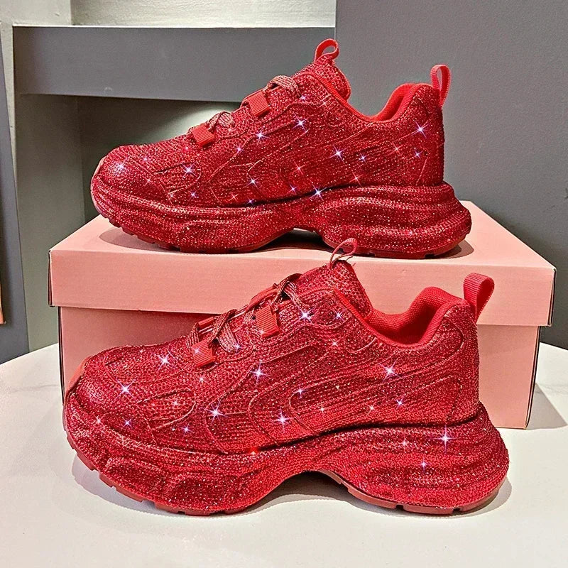 Women Sneakers Spring Lace-Up High Heel Platform Lace Up Silver Crystal Casual Working Shoes Wearing night running shoes outside sneakers_platform