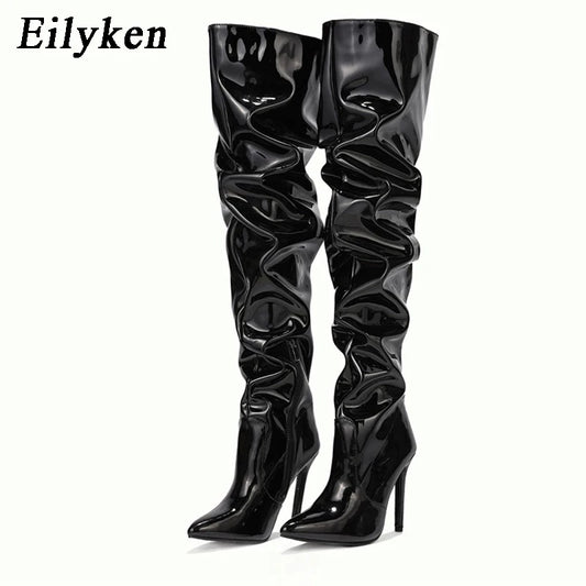 Eilyken Red Women Over The Knee Boots High Heels Patent Leather Solid Pointed Toe Stiletto Side Zipper Sapatos Femininos boots_highheel
