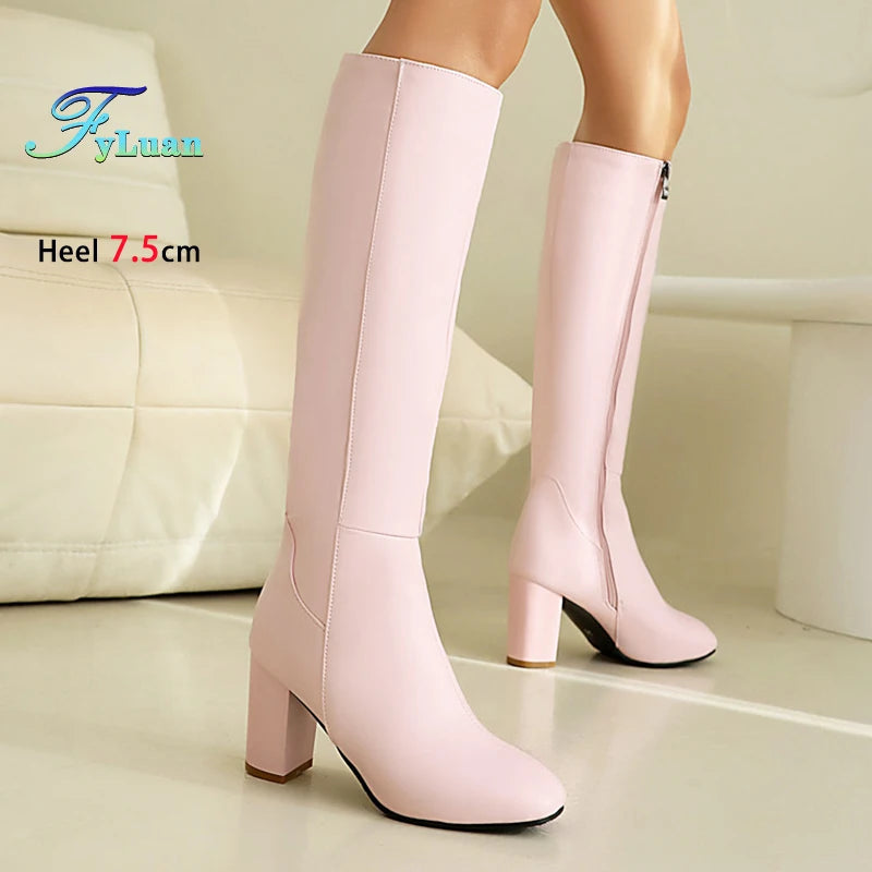 Plus Size 48 Square Toe Knee High Boots Women Side Zipper Winter Warm Long Shoes Comfort Thick Heel 7.5CM Black Leather boots_highheel