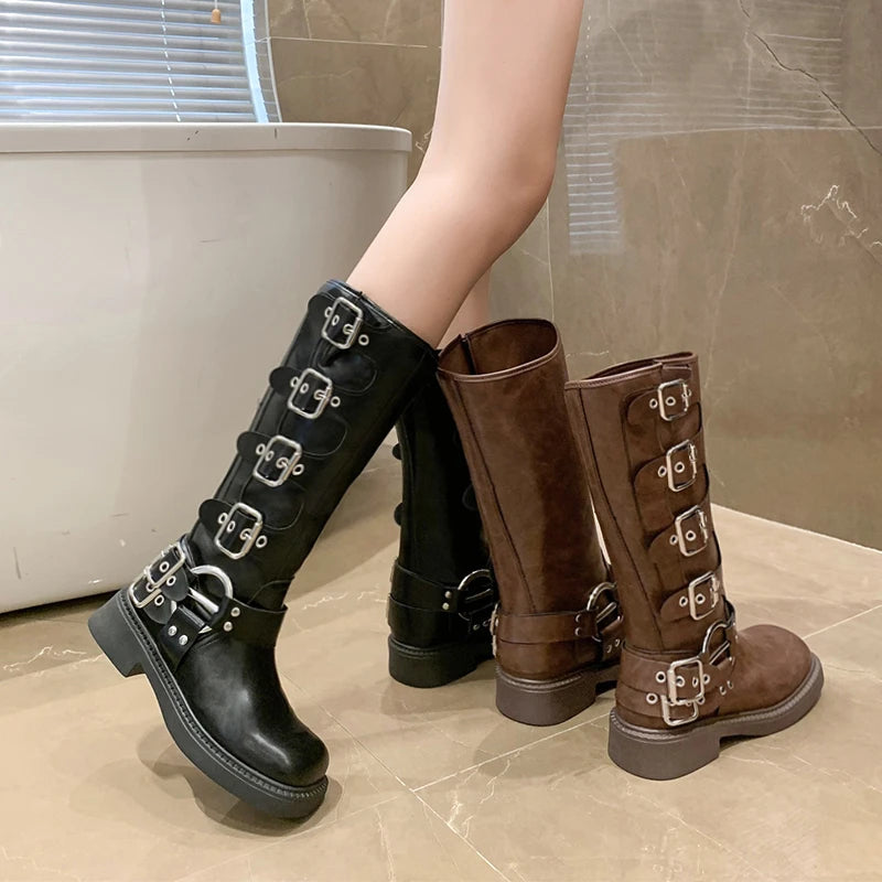 Woman Boots Knee High Platform Elegant Low Heel Trend Punk Gothic New Rock Leather Fashion Women's Shoes Motorcycle Footwear boots_platform