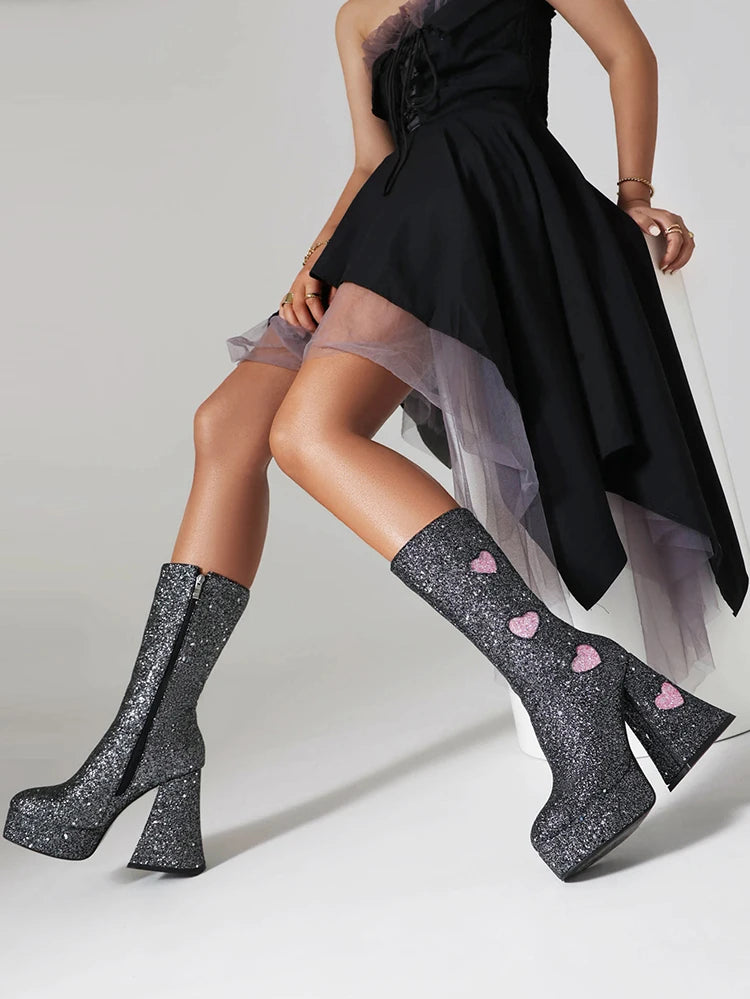 Heart Shaped Sequin Fabric Material Color Block Women's Mid Boots Platform High Shaped Conical Heel Thick Plush Lining Boots boots_platform