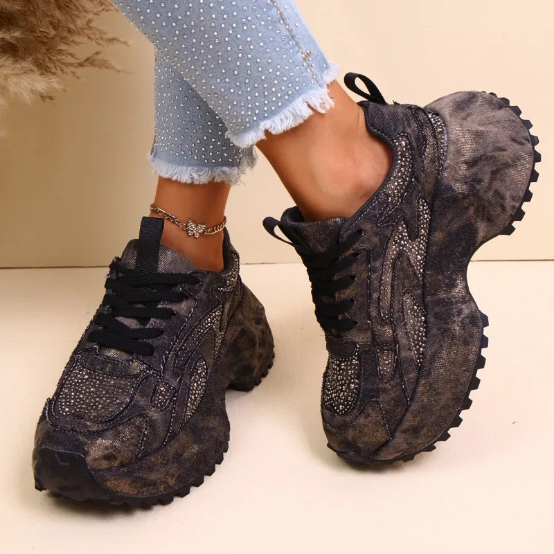Fall 2025 New Heavy Industry Denim Rhinestone Platform Casual Women's Sneakers sneakers_platform