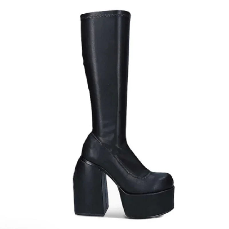 Autumn/Winter Square Headed Thick High Heels Knee-High Elastic Boots for Womens on Platform Black Knight Boot Sexy Party Pumps boots_platform