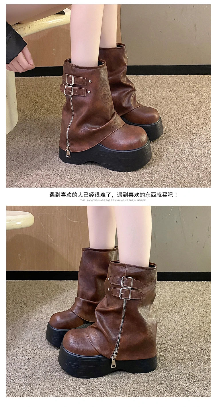 Soft Leather Ankle Mid Calf Boots Winter Autumn High Platform Wedge British Booties Woman New Ladies Chunky Motorcycle Boots 9CM boots_platform