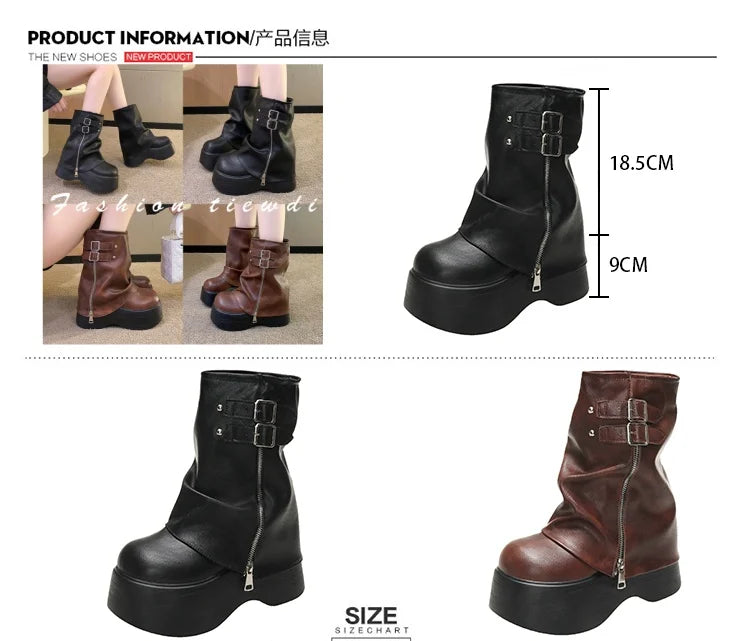 Soft Leather Ankle Mid Calf Boots Winter Autumn High Platform Wedge British Booties Woman New Ladies Chunky Motorcycle Boots 9CM boots_platform