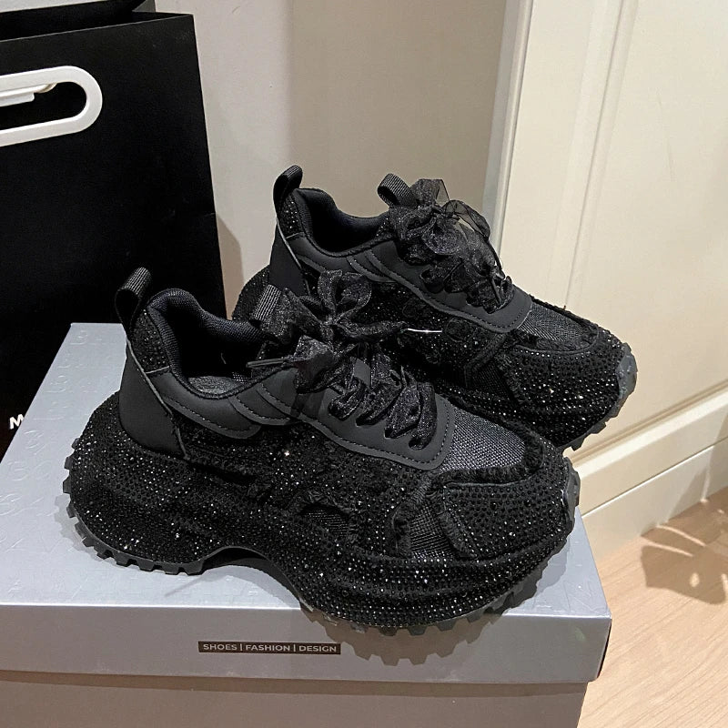 Women's Sneakers Lace-Up High Heel Platform Crystal Working Shoes Wearing Night Running Shoes Star Dazzling Diamond Shoes sneakers_platform