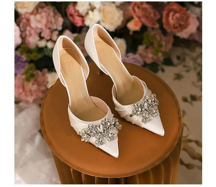 2025 Autumn New White French High Heels Pointy Rhine-Diamond Thin Heel Not Tired Foot Single Shoes Wedding Shoes heels_bridal