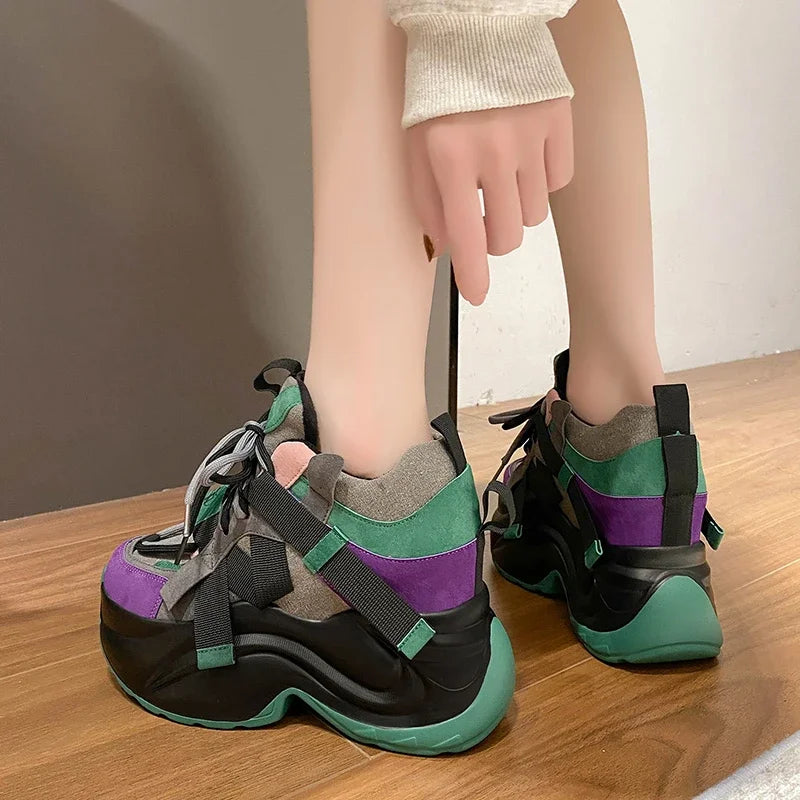 Autumn Winter Chunky Sneakers Women Lace Up Platform Sports Shoes Woman Goth 11CM Thick Bottom High Heels Female Wedges Sneakers sneakers_platform