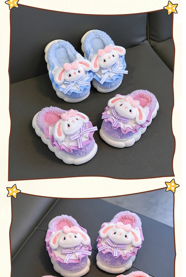 2024 New Winter Children's Cotton Slippers - Cute and Warm Fleece Rabbit Fur Baby's Home Cotton Slippers for Girls kids_shoes
