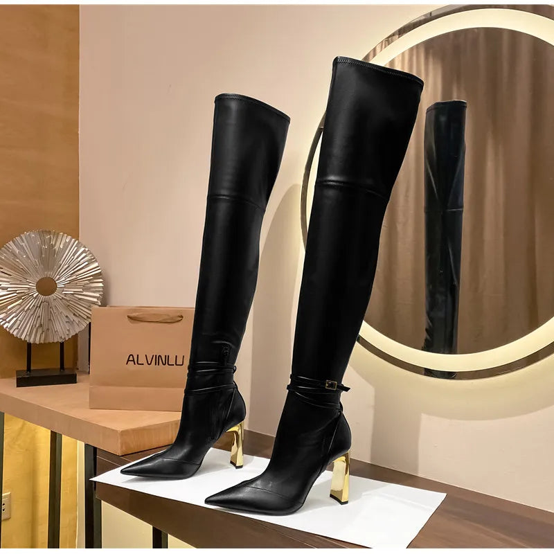Fashion Autumn Winter Soft Leather Stretch Women Thigh high Boots Elegant Pointed toe High heels Over the knee Boots Party Shoes boots_highheel