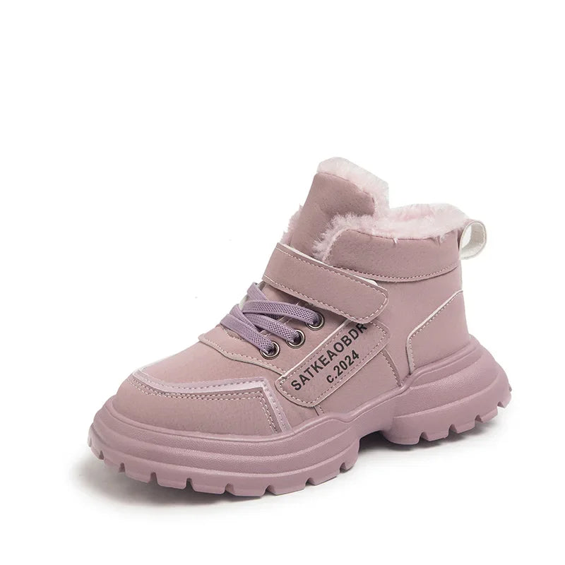 Boys Girls Sports Boots with Fur 2024 New Fashion Kids Ankle Boots Warm for Winter Sweet Students Short Boots Non-slip Soft Sole kids_shoes