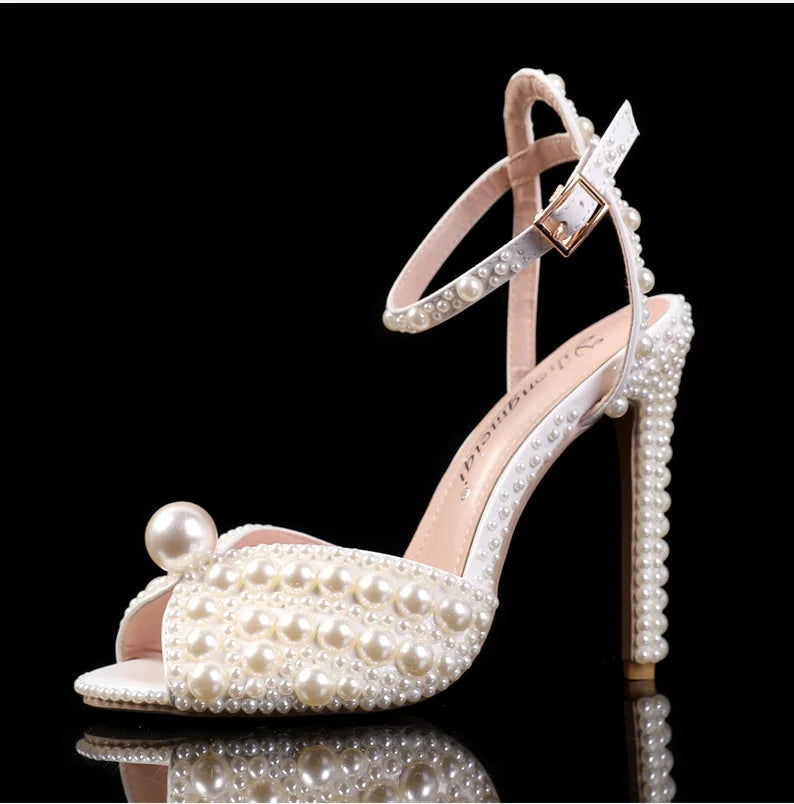2025 Autumn New Fish Mouth High Heels Slim Heels Shallow Mouth Water Diamond Pearl Women's Single Shoes Wedding Wedding Shoes heels_bridal
