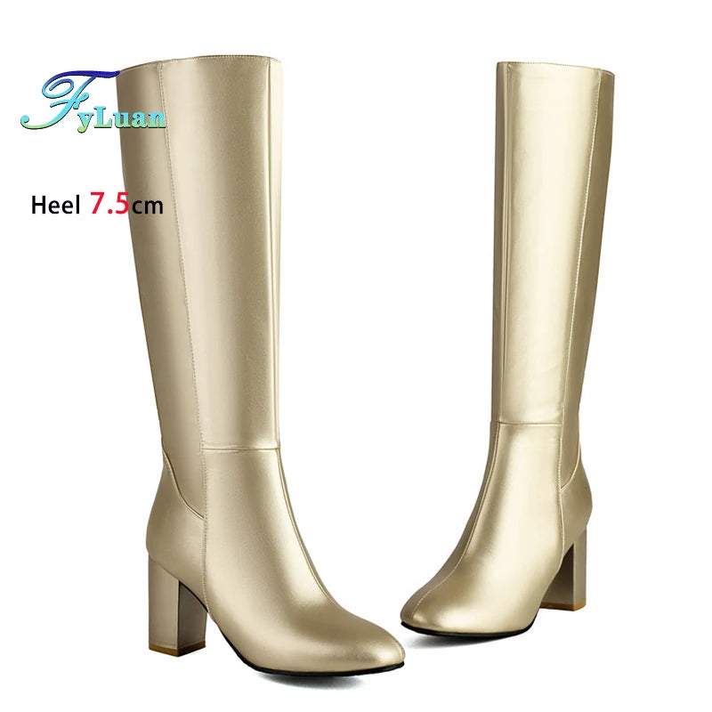 Plus Size 48 Square Toe Knee High Boots Women Side Zipper Winter Warm Long Shoes Comfort Thick Heel 7.5CM Black Leather boots_highheel