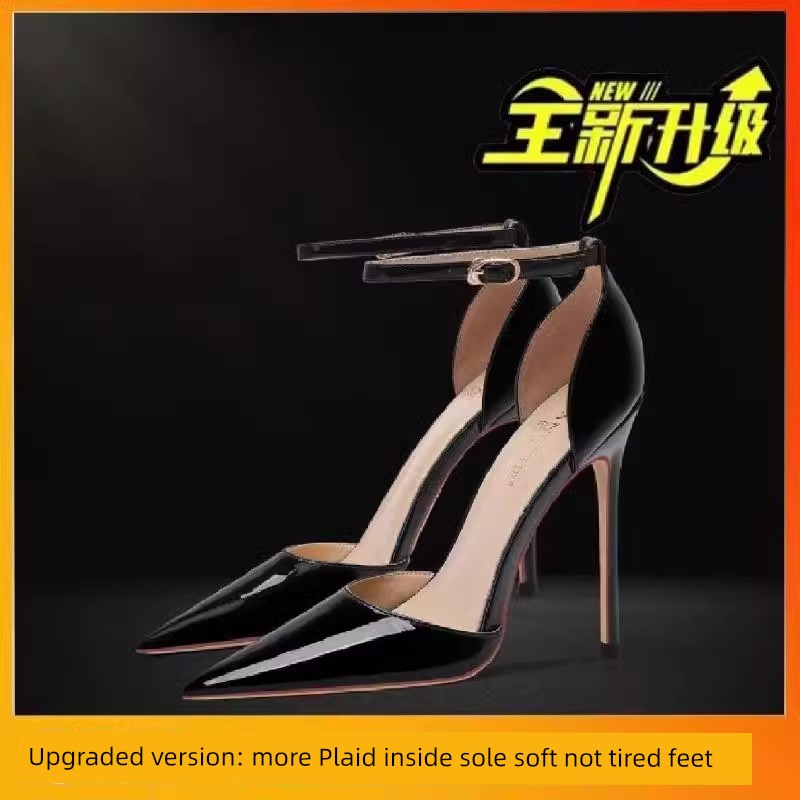 Black Patent Leather Hollow Buckle Strap Super High Heels Sandals Women Pointed Toe Stiletto Sexy 2025 New Arrival Spring & Fall heels_stiletto