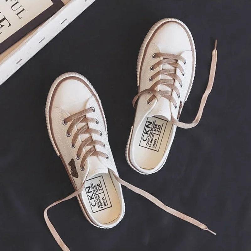 Summer Cute Women's Canvas Shoes New Womens Half Slippers Korean Version Female Vulcanized Shoes Lace-up Flat Sneakers Zapatos sneakers_women
