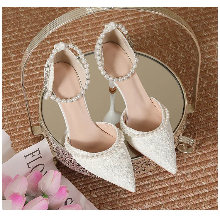 Size 30-44 Pearls Strap High Heels Lace Women White Wedding Shoes Stiletto Heel Point Toe Bride Bridesmaid heels_bridal