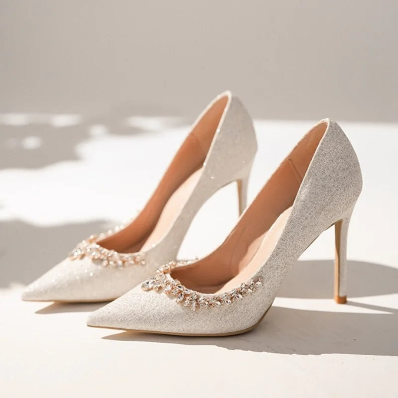 2025 New French Stiletto Heels Pointy Head Shallow Mouth Shoes Rhinodiamond-Edged Korean Version White Crystal Wedding Pumps heels_stiletto