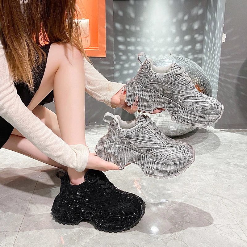 Women's Rhinestone Shoes Luxury Rhinestones Platform Sneakers Outdoor Anti slip Running Shoes 7cm Thick-soled Casual Shoes sneakers_platform