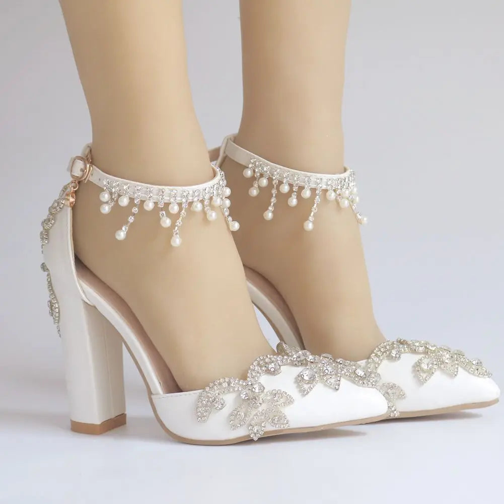 10CM White Pointed Crystal Wedding Shoes Thick Heel Ultra-high Heel Bridal Shoes One-line Buckle Strap Tassel Rhinester Women heels_stiletto