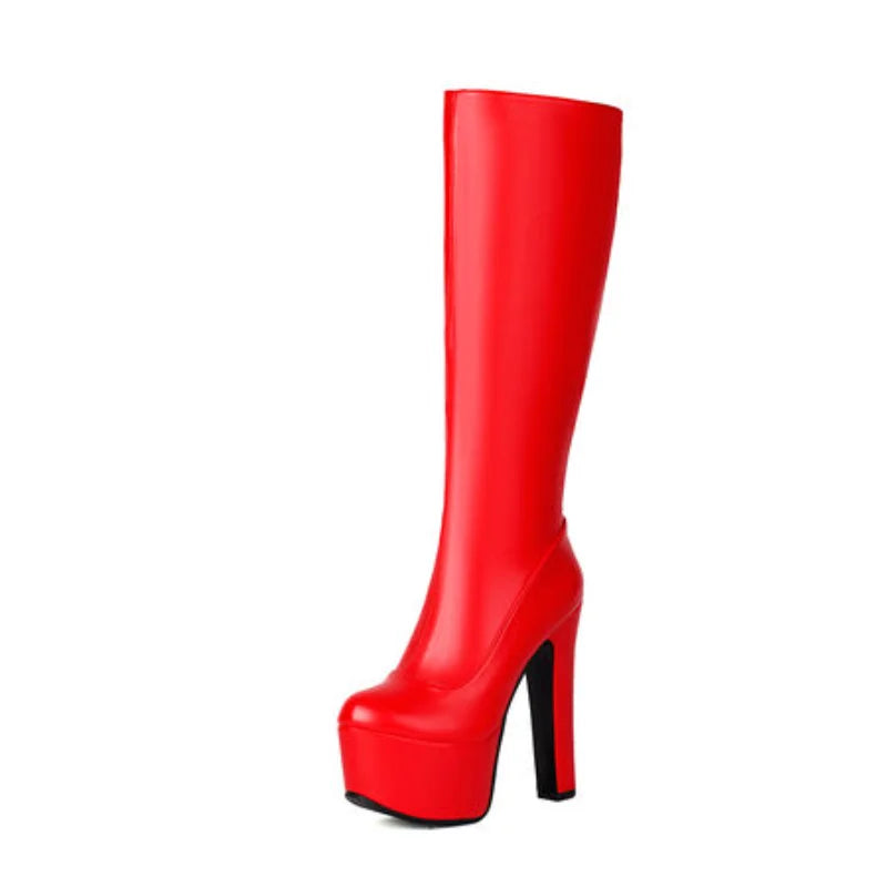 Black Red White Women Knee High Boots Platform Thick High Heel Ladies Calf Boots PU Leather Square Toe Side Zipper Dress Shoes boots_platform