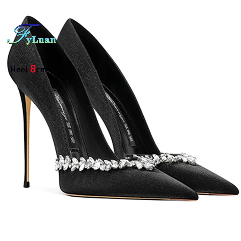 Black High Heels 10cm 8cm 6cm Women's Shoes Thin Heels Microfiber Pointed Head Ladies Pumps Rhinestone Bead Stiletto Party Shoes heels_stiletto