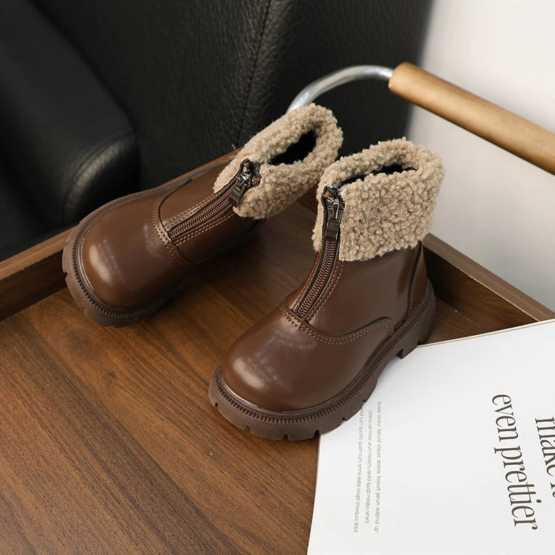 Winter Children's Ankle Boots Warm Simple Toddler Girls Causal Cotton Boots Thick Bottom Trend Kids Fashion Leather Boots Zipper kids_shoes
