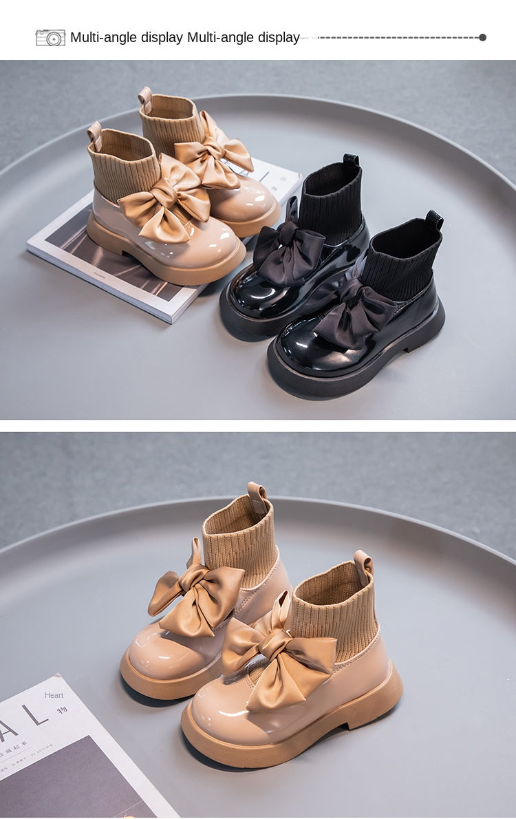 Girls Black Non-slip Kids Fashion Bow Elegant 2026 Glossy UK Uniform Child School Shoes Simple Casual 2026 Sock Boots Breathable kids_shoes