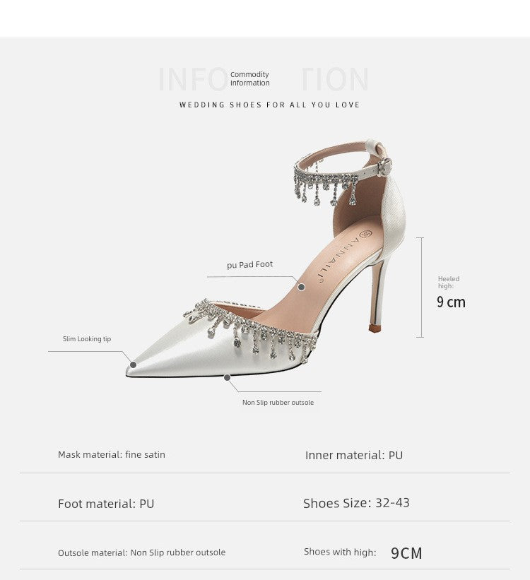 White Main Wedding Shoes Satin Flats Buckle High Heels Elegant Hollowed Sandals Plus Size Women's Shoes 41-43 heels_bridal