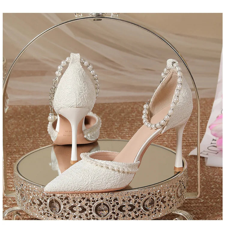 Size 30-44 Pearls Strap High Heels Lace Women White Wedding Shoes Stiletto Heel Point Toe Bride Bridesmaid heels_bridal