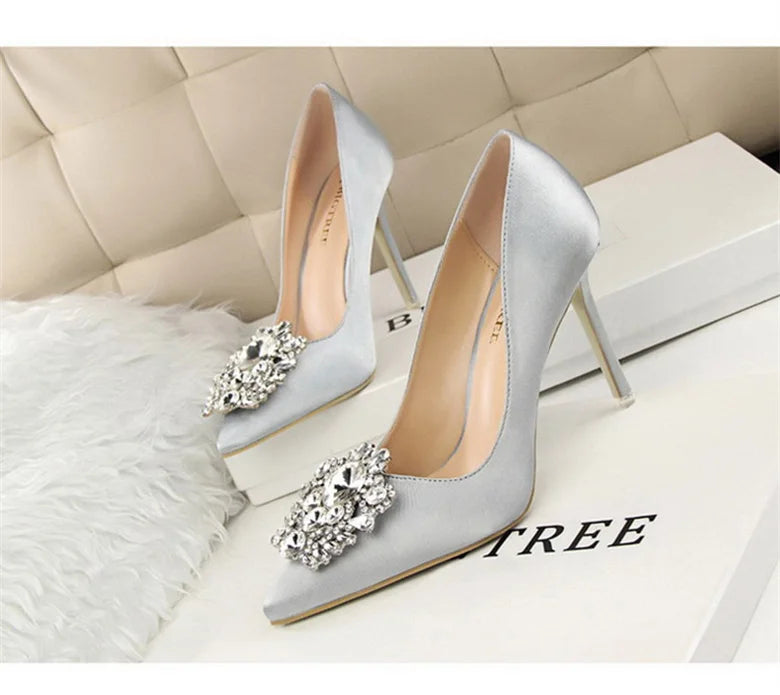 CINESSD Silver Gray Black Women Bridal Wedding Shoes Faux Silk Satin Rhinestone Crystal Shallow Woman Pumps Stiletto High Heel heels_stiletto