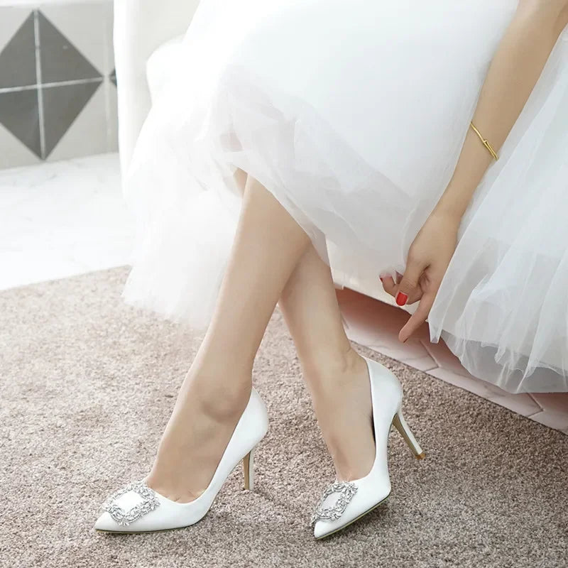 Women Rhinestone Square Buckle Dress Wedding Brides Shoes Pointed Toe Stiletto Pumps Suede High Heels Botines Mujer Con Tacon heels_stiletto