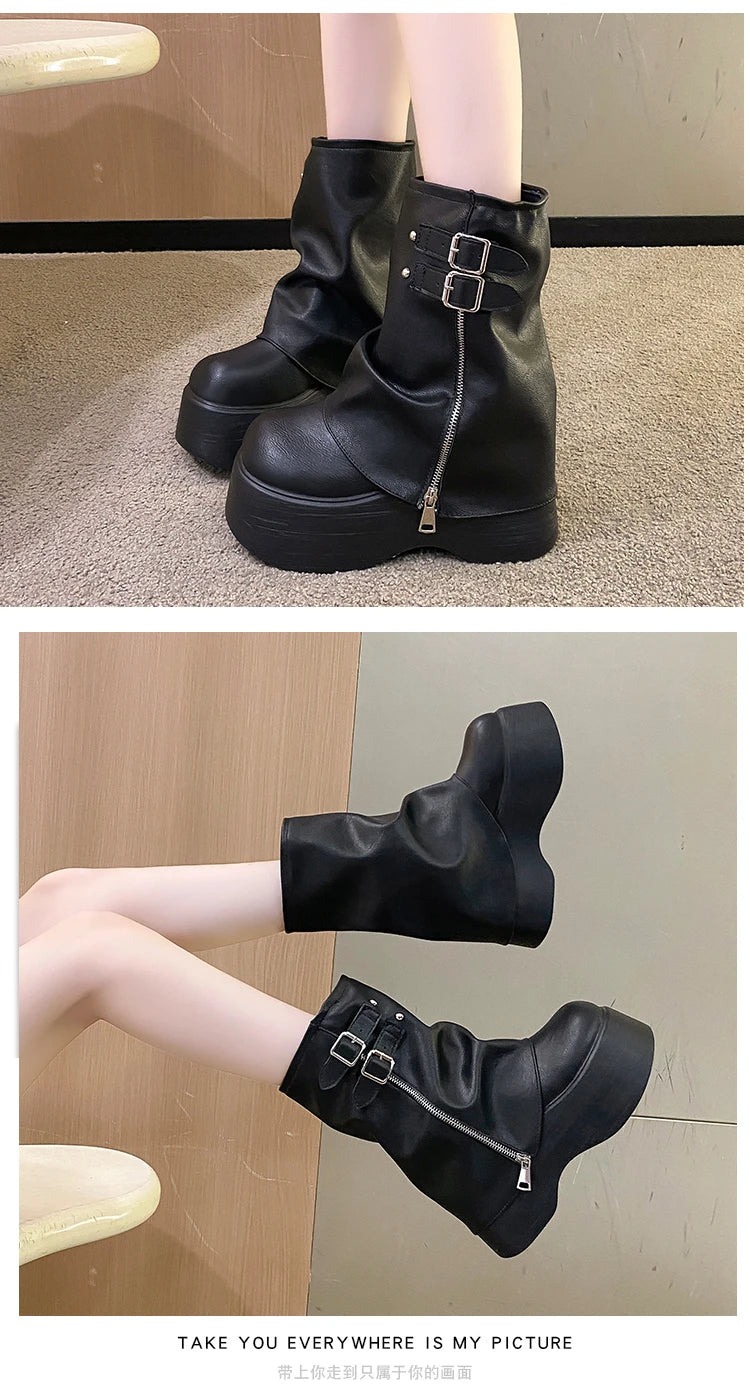 Soft Leather Ankle Mid Calf Boots Winter Autumn High Platform Wedge British Booties Woman New Ladies Chunky Motorcycle Boots 9CM boots_platform