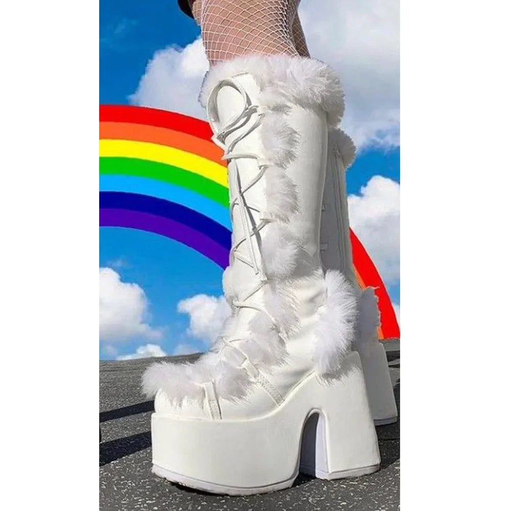 2024 Winter Big Size 43 y2k White Punk Style Women's Faux Fur Chunky Platform Boots Gothic Black Block High Heels Shoes boots_platform