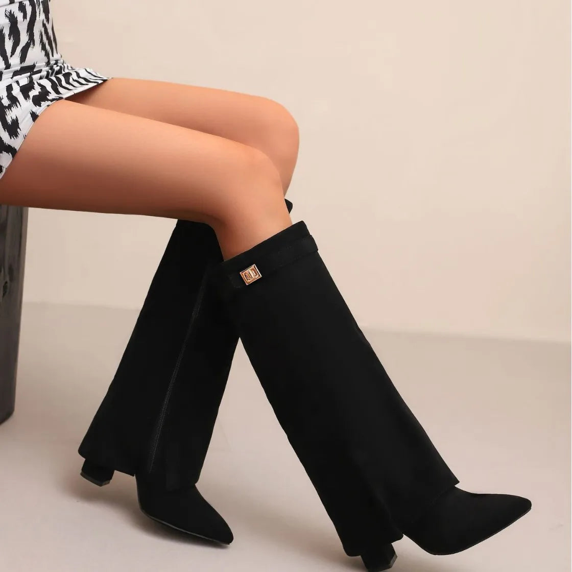 Autumn And Winter New Pointed Metal Buckle Knee High Women's Boots Thick High-heeled Pants Boots Ladies Fashion Mid Leg Boots boots_highheel
