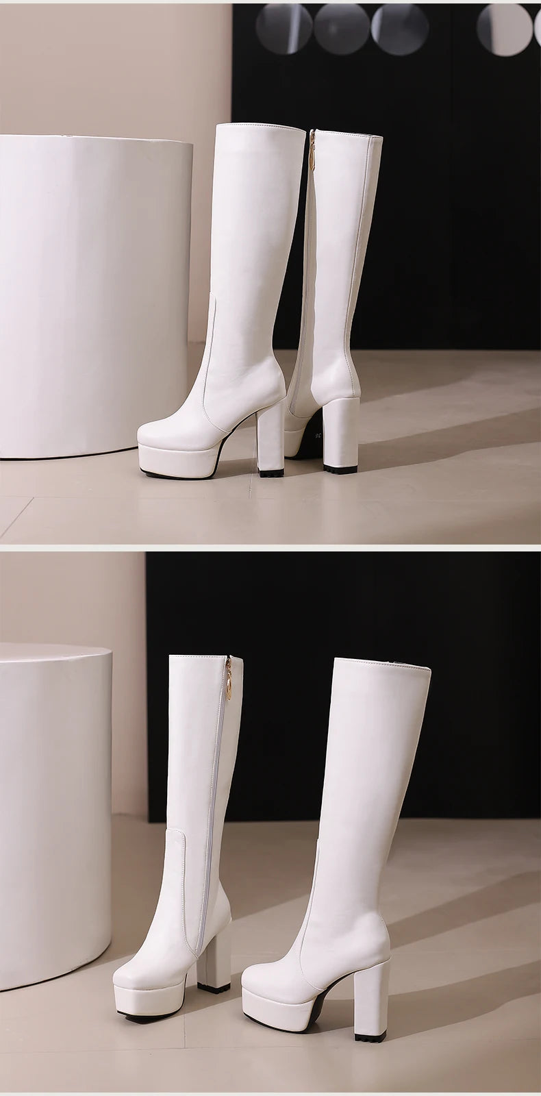 High Waterproof Platform Square Toe Solid Color Side Zipper Women's Knee High Boots Super High Thick Heel Office Boots boots_platform