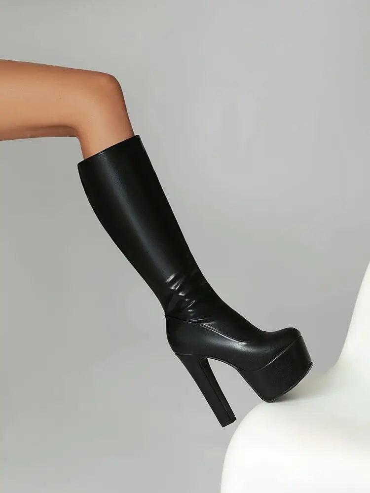 Black Red White Women Knee High Boots Platform Thick High Heel Ladies Calf Boots PU Leather Square Toe Side Zipper Dress Shoes boots_platform
