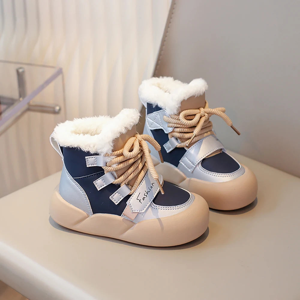Winter Plush Snow Boots For Children PU Leather Waterproof Cotton Shoes Trend Fashion Teenager Kid's Velvet Boots Winter Shoes