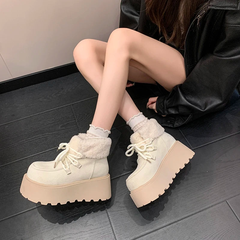 Winter Chunky Platform Heels Women Fur Snow Boots Keep Warm Height Increase Warm Cotton Short Booties Shoes Zapatos Mujer boots_platform