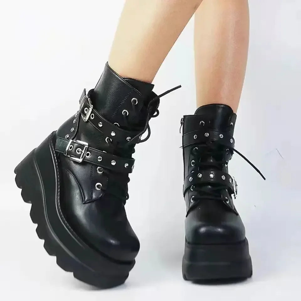 New Women's Pu Leather Ankle Boots Women Autumn Winter Round Toe Lace Up Shoes Woman Motorcycle Platform Botas Gothic Shoes boots_platform