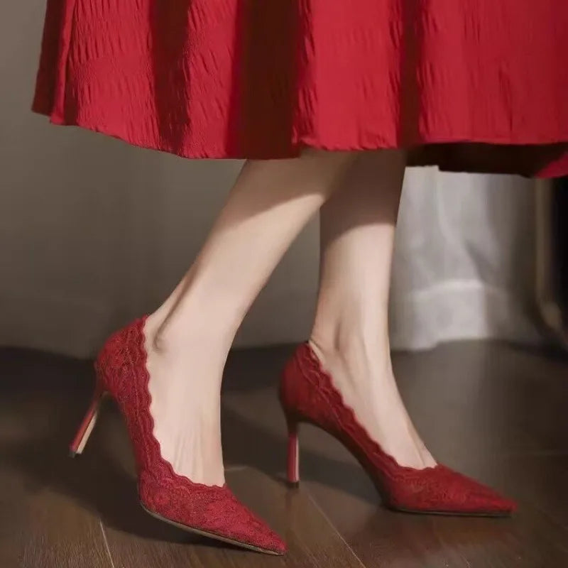 White Wedding Shoes Bridal Shoes Design Sense Niche Lace Pointed Stiletto Heel Shallow French High Heels Female Temperament heels_stiletto