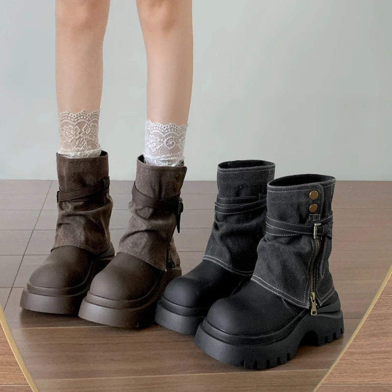 Winter Punk Style Women Pipe Ankle Boots Fashion Belt Buckle Shoes Ladies Concise Platform Heel Short Booties Zapatos De Mujer boots_platform