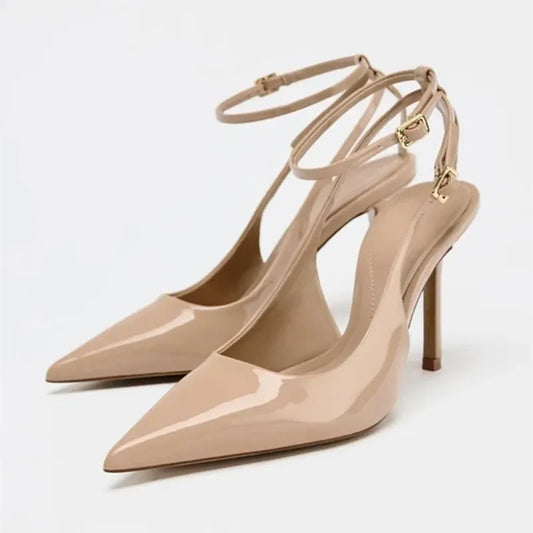 Nude Patent Leather Ankle Strap Buckle Women Pumps Sexy Pointed Toe Stiletto Heels Summer Stiletto Heels Party Shoes Sandalias heels_stiletto