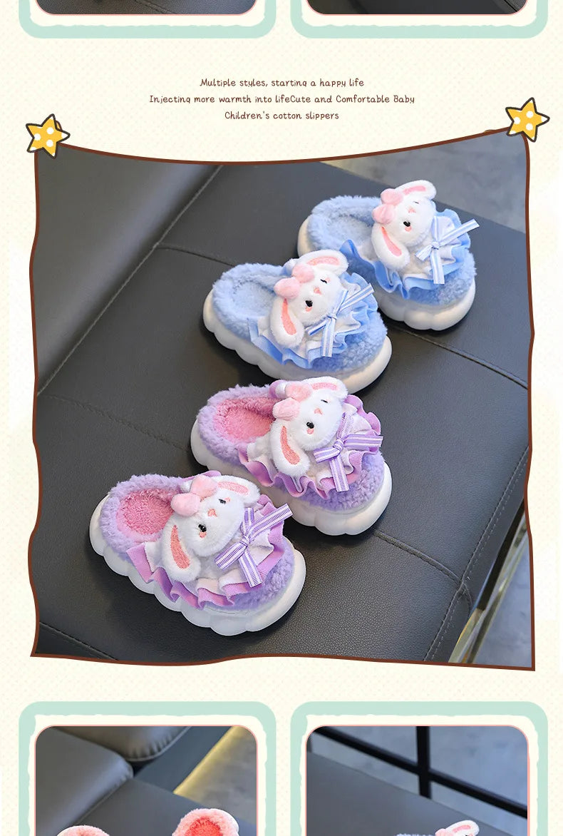2024 New Winter Children's Cotton Slippers - Cute and Warm Fleece Rabbit Fur Baby's Home Cotton Slippers for Girls kids_shoes