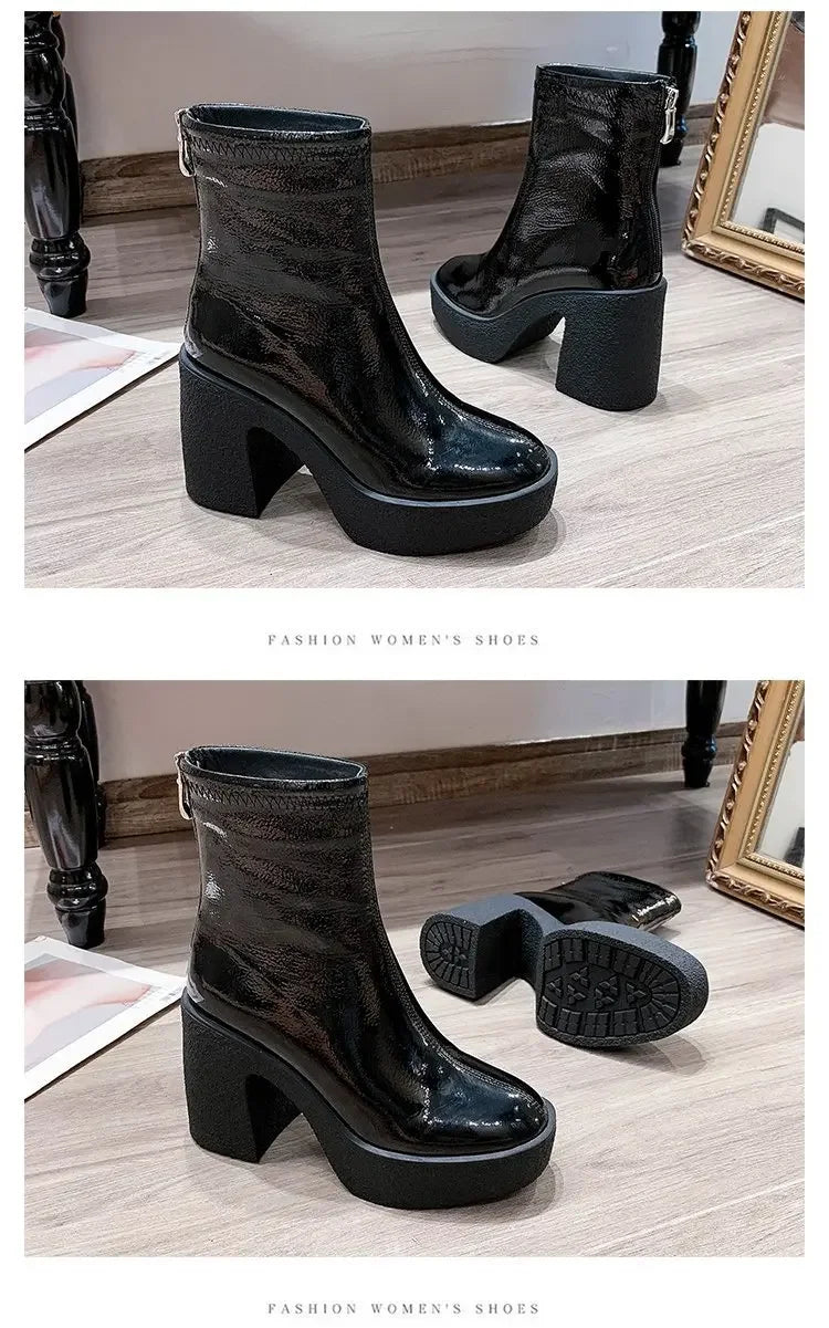 2025 New Platform Women Ankle Boots Leather Fashion High Heels Shoes Trend Designer Classic Chunky Pumps Goth Winter Botas Mujer boots_platform