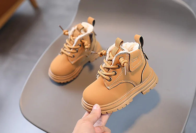 New Children's Fashion Boots Winter Thickened Boys Girls' Anti Slip Warm Leather Boots Side Zipper Solid Color Kids Casual Shoes kids_shoes