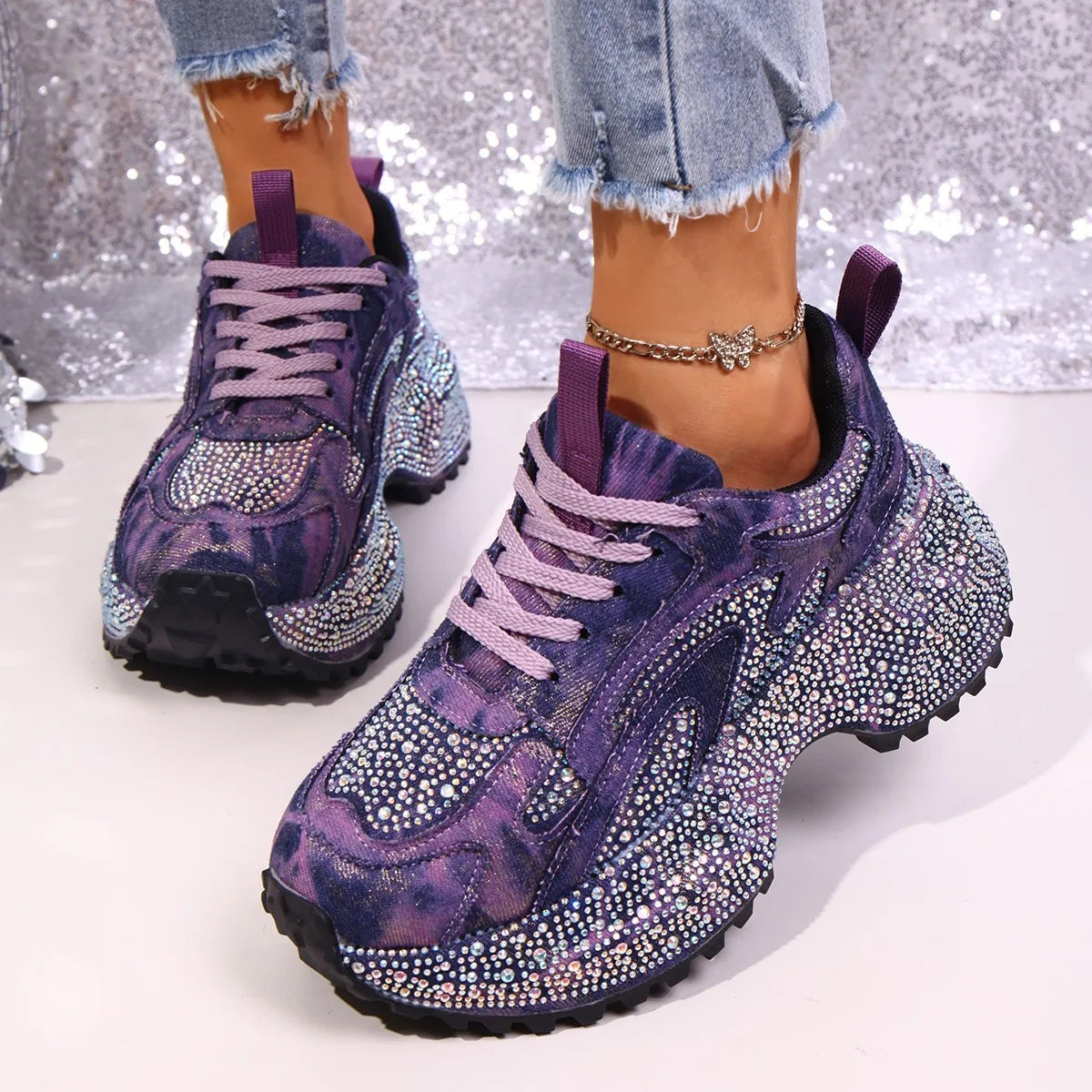 RYAMAG Rhinestone Denim Platform Sneakers for Women Bling Chunky Trainers Lace-up Casual Walking Shoes sneakers_platform sneakers_luxury